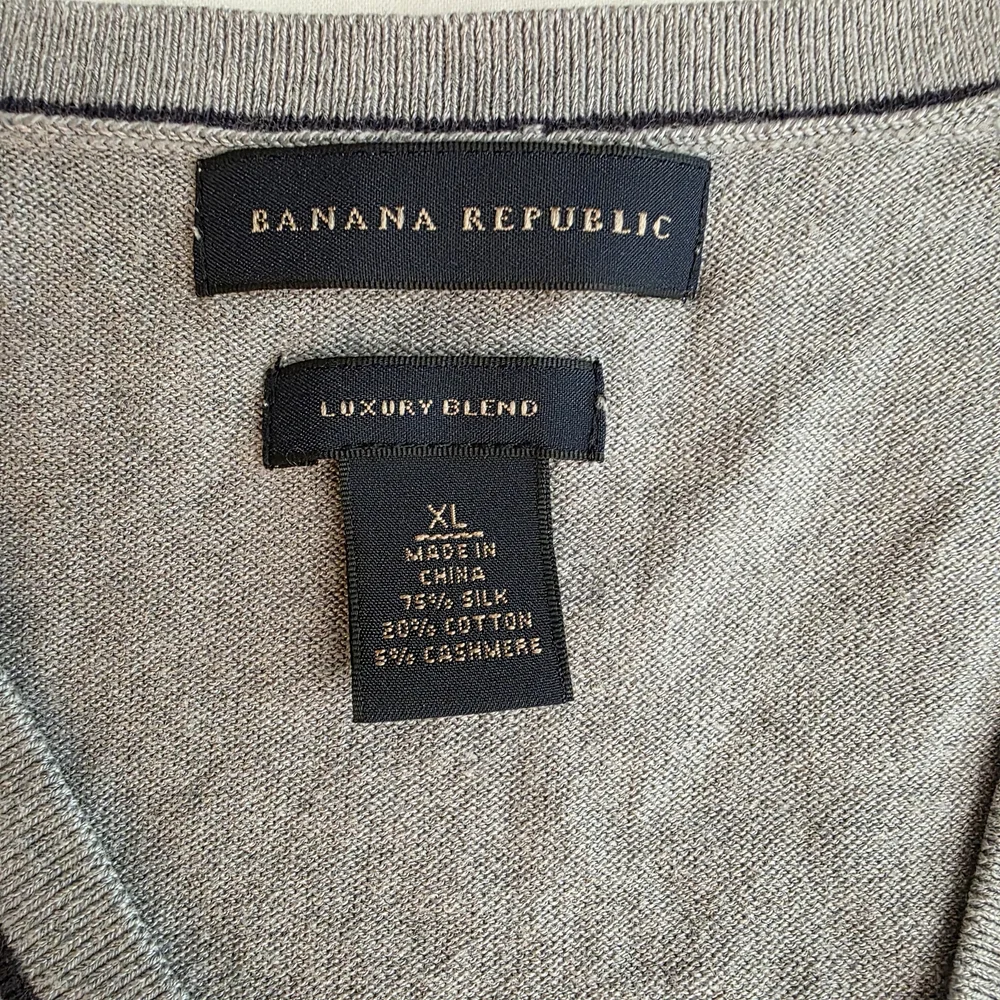 Banana Republic Mens Silk V Neck Sweater XL Gray‎ Cotton Cashmere Preppy Luxury